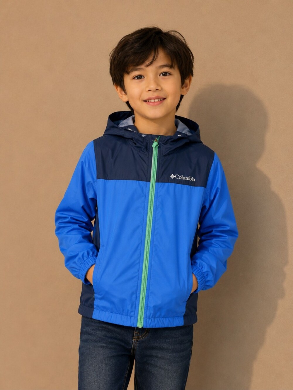 Columbia Kids Blue Colorblock Hooded Windbreaker Jacket Full Zip Size S 8